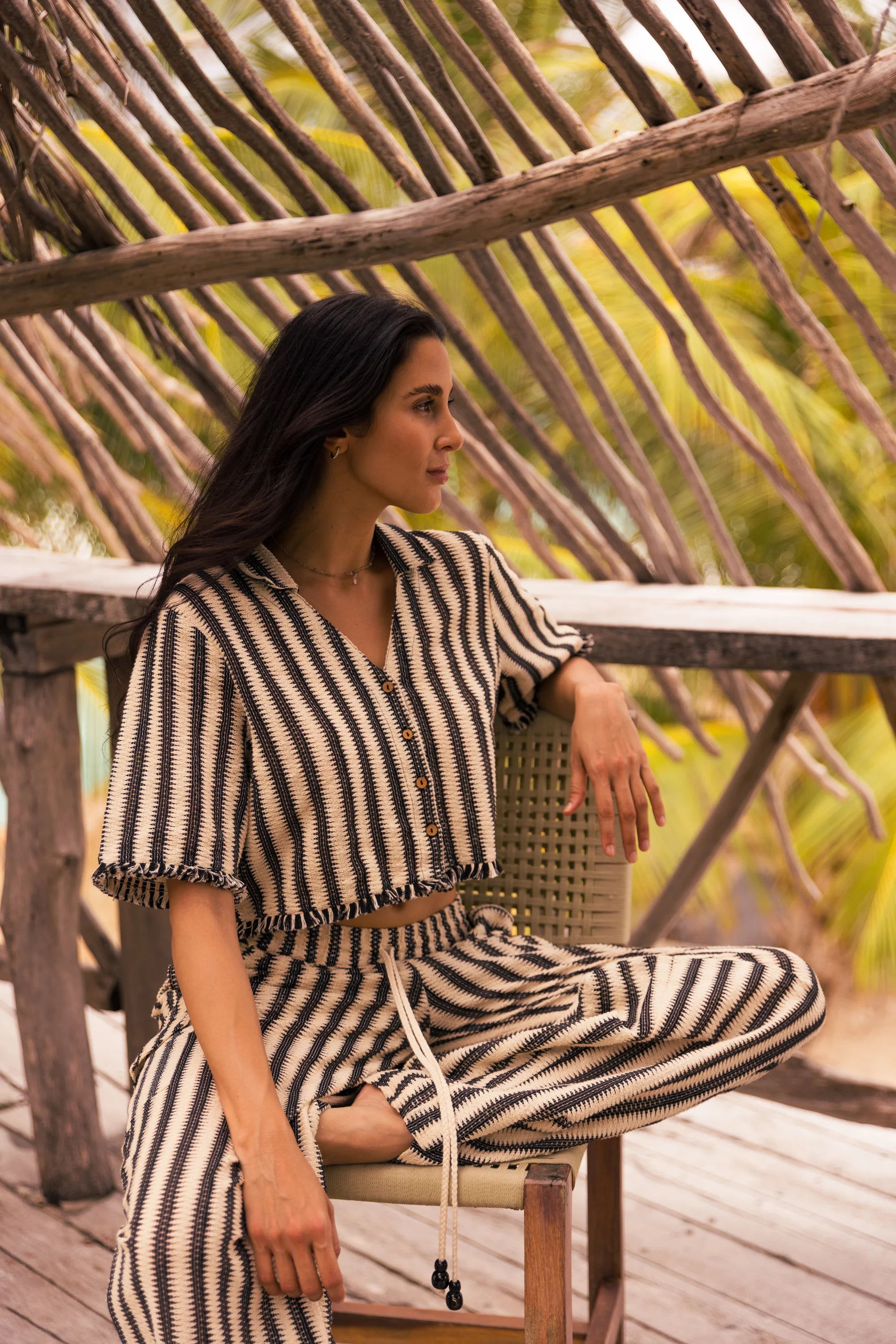 Cropped button down cotton shirt with vertical stripes