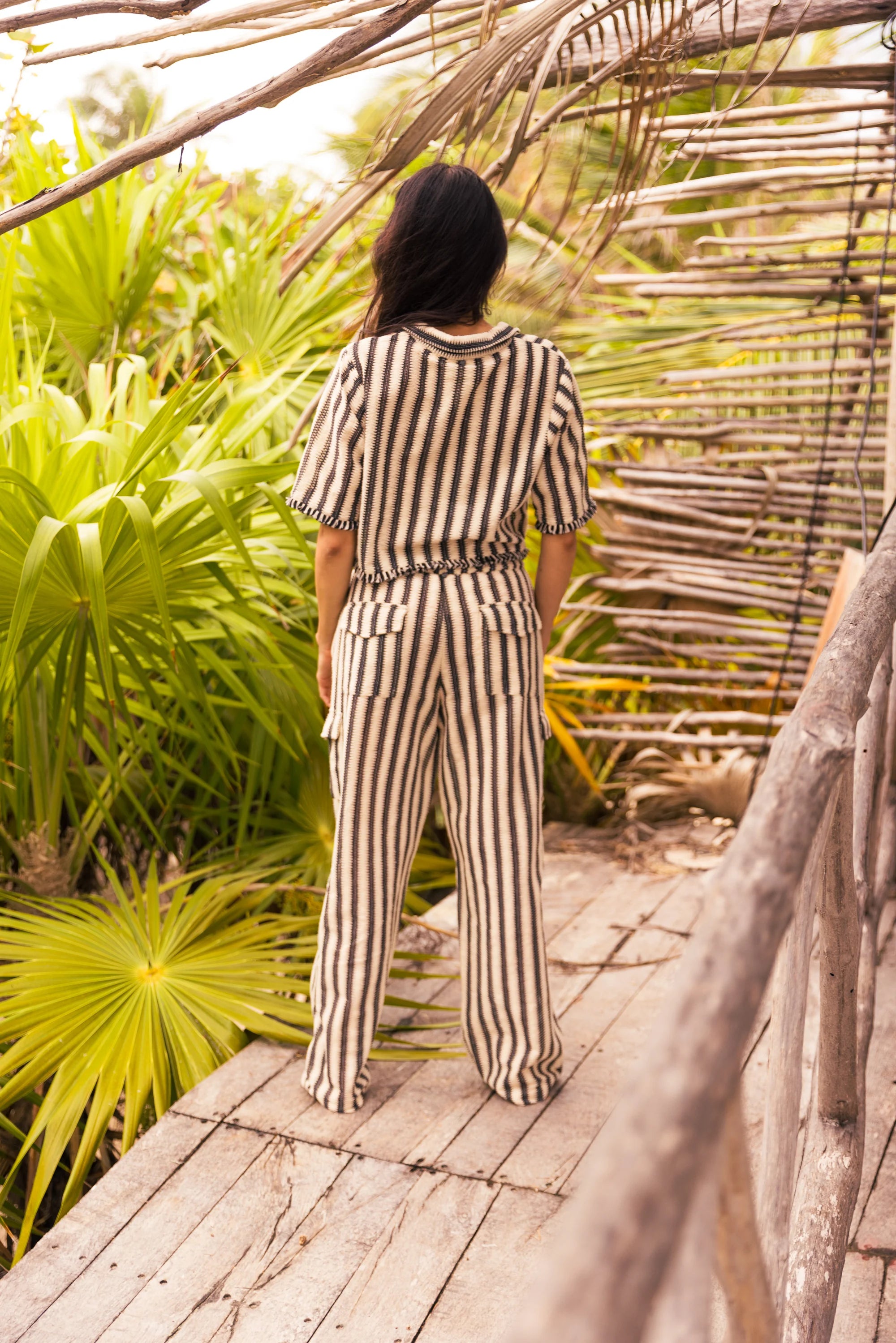 Mesh cotton pants with drawstring waist and vertical stripes