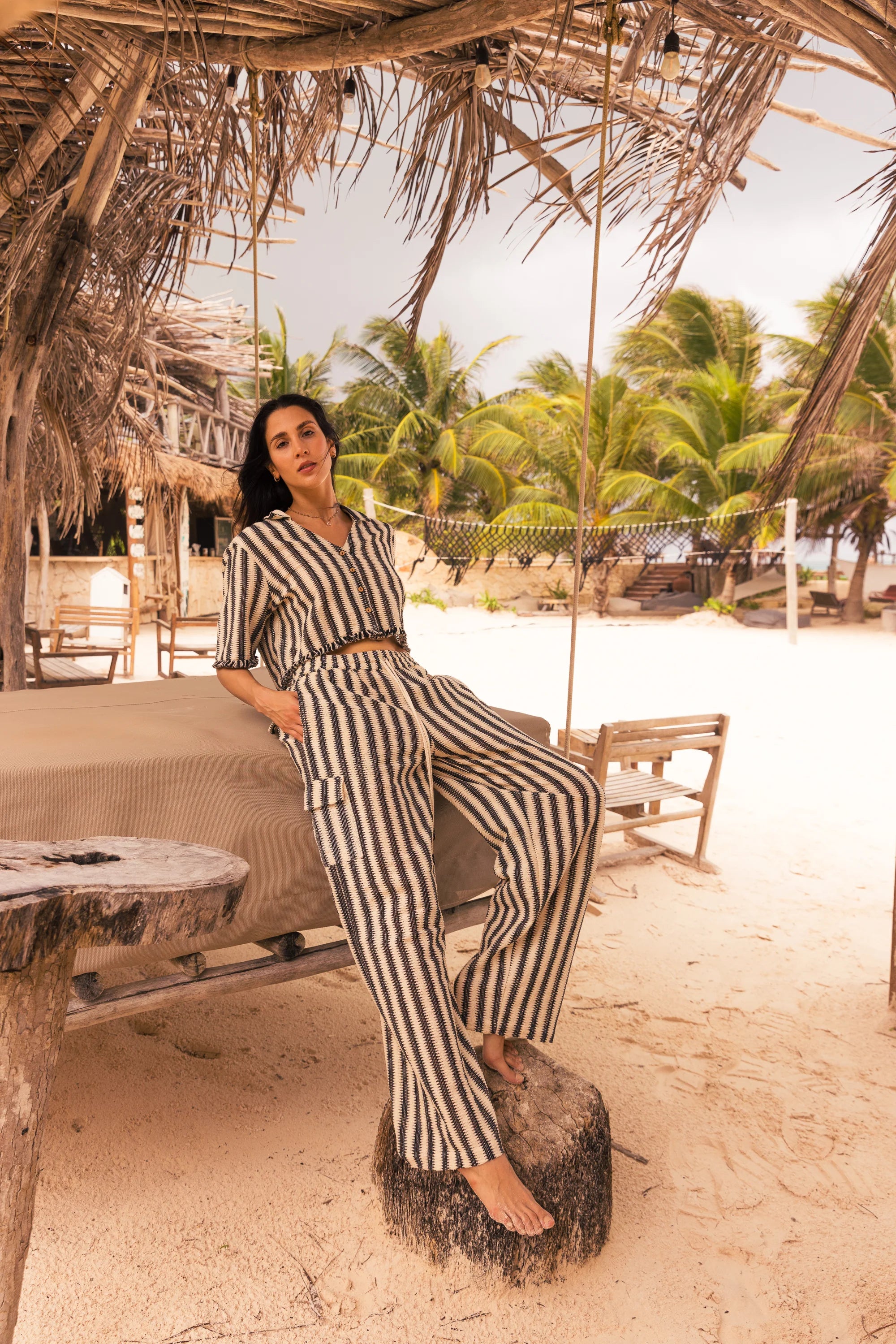 Mesh cotton pants with drawstring waist and vertical stripes