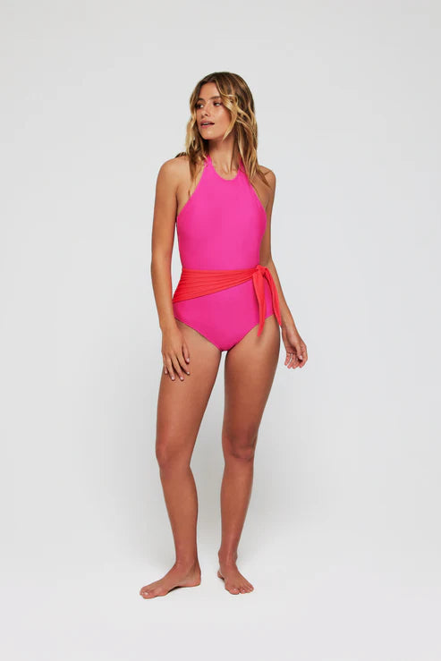 Pink High Neck Halter One Piece