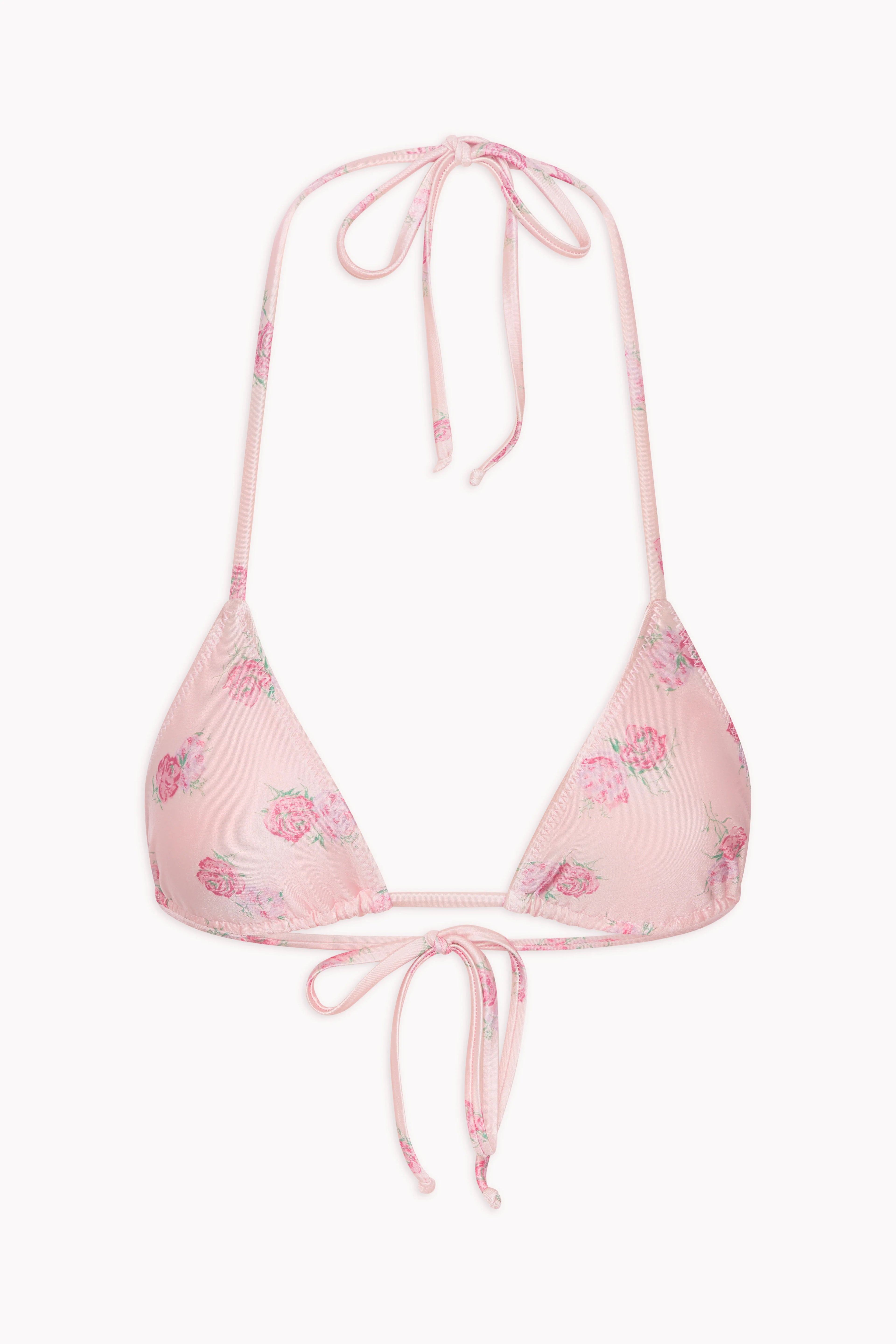 Adjustable triangle top in pink floral print.