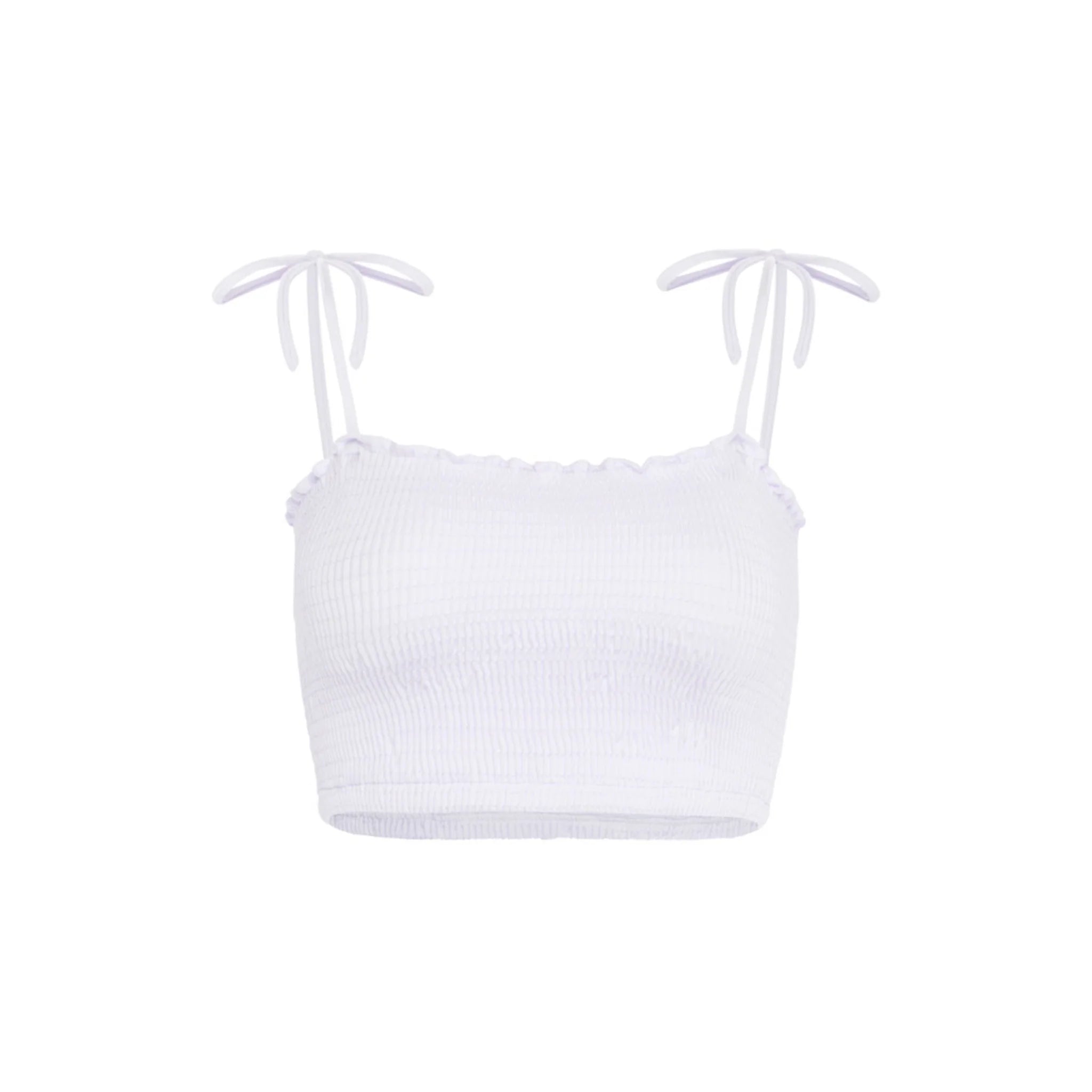 White smocked bandeau bikini top that doubles as clothing