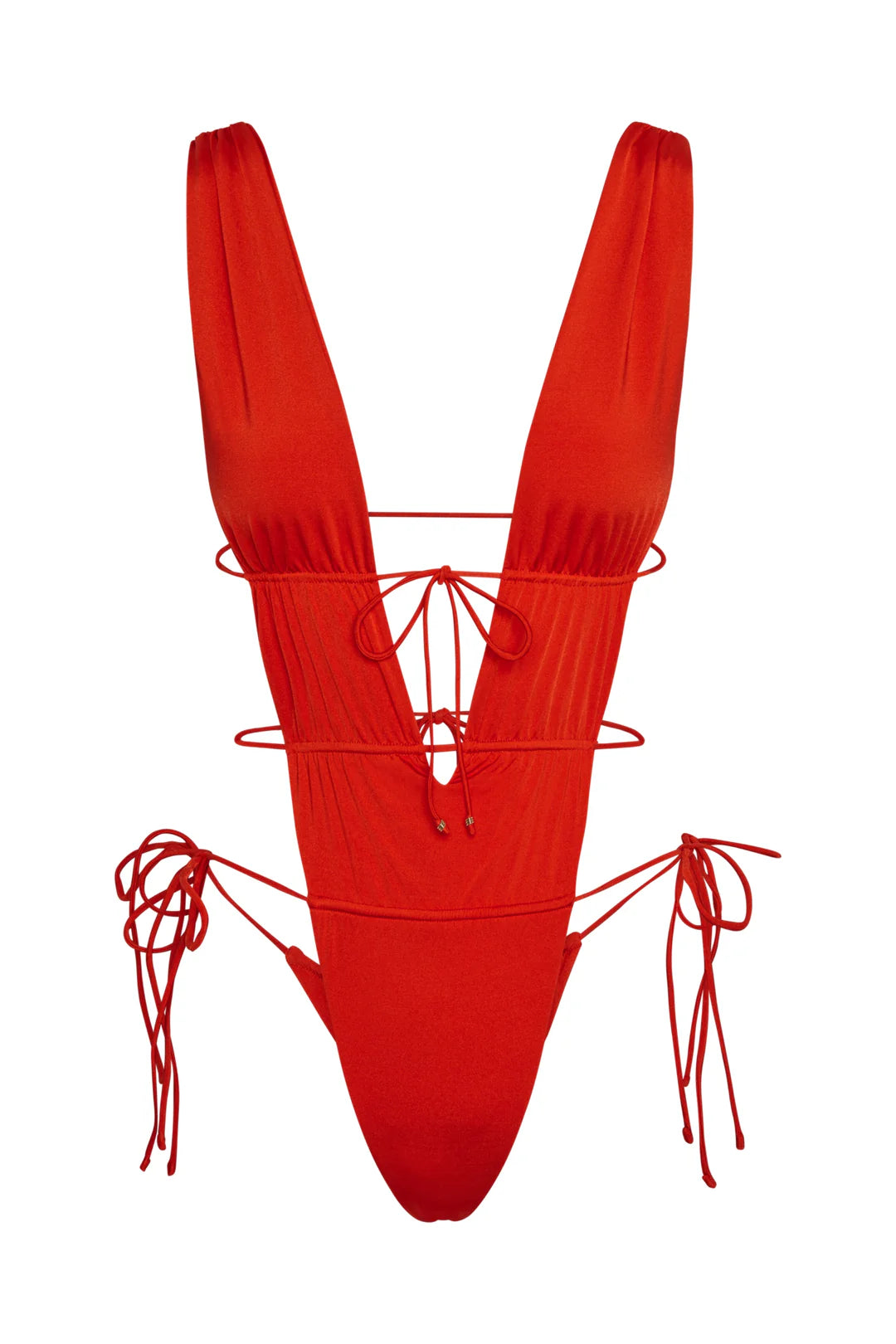 Red one piece with a deep plunging neckline, open back and sides, and skimpy coverage in the back