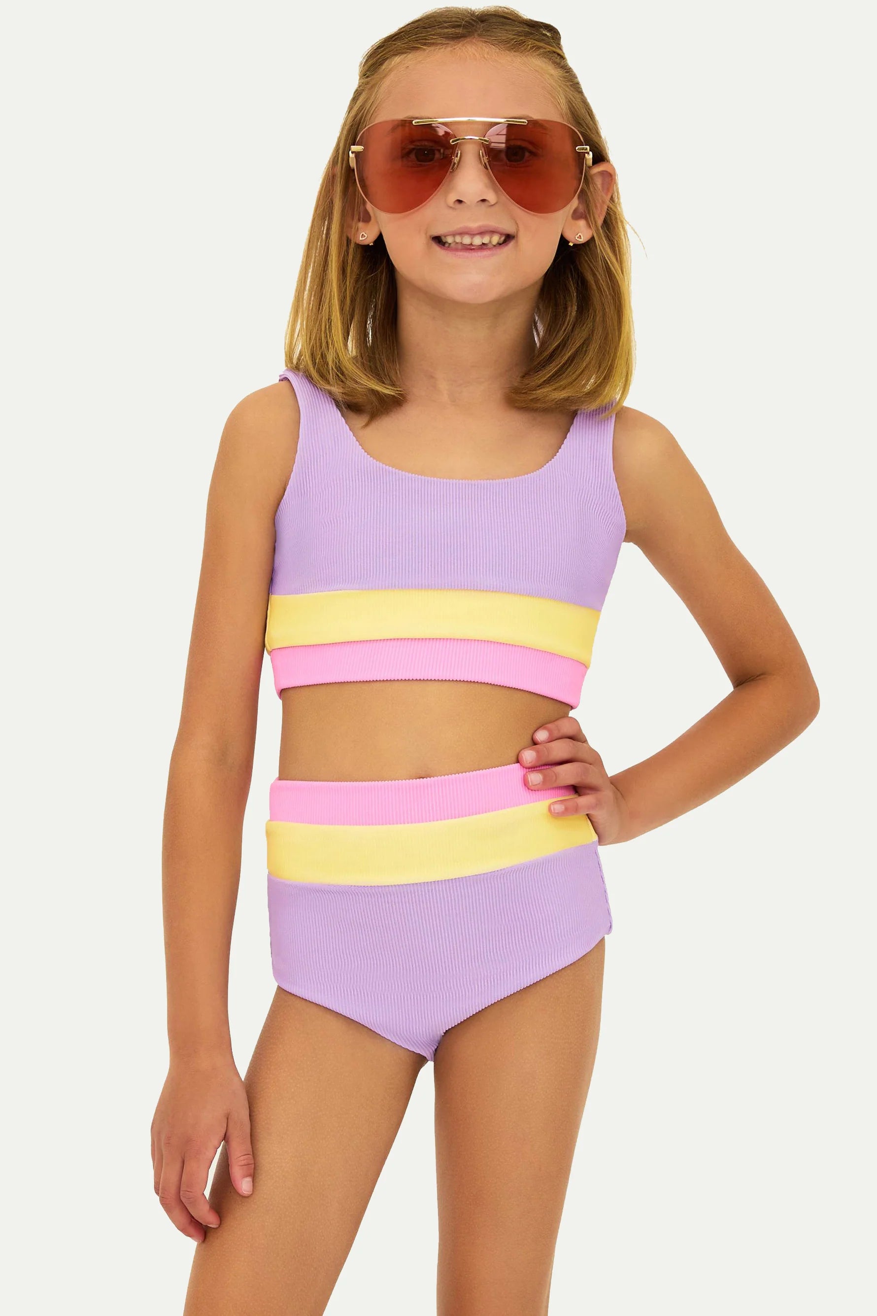 Ribbed two piece girls' set in lavender, pink, and yellow color block