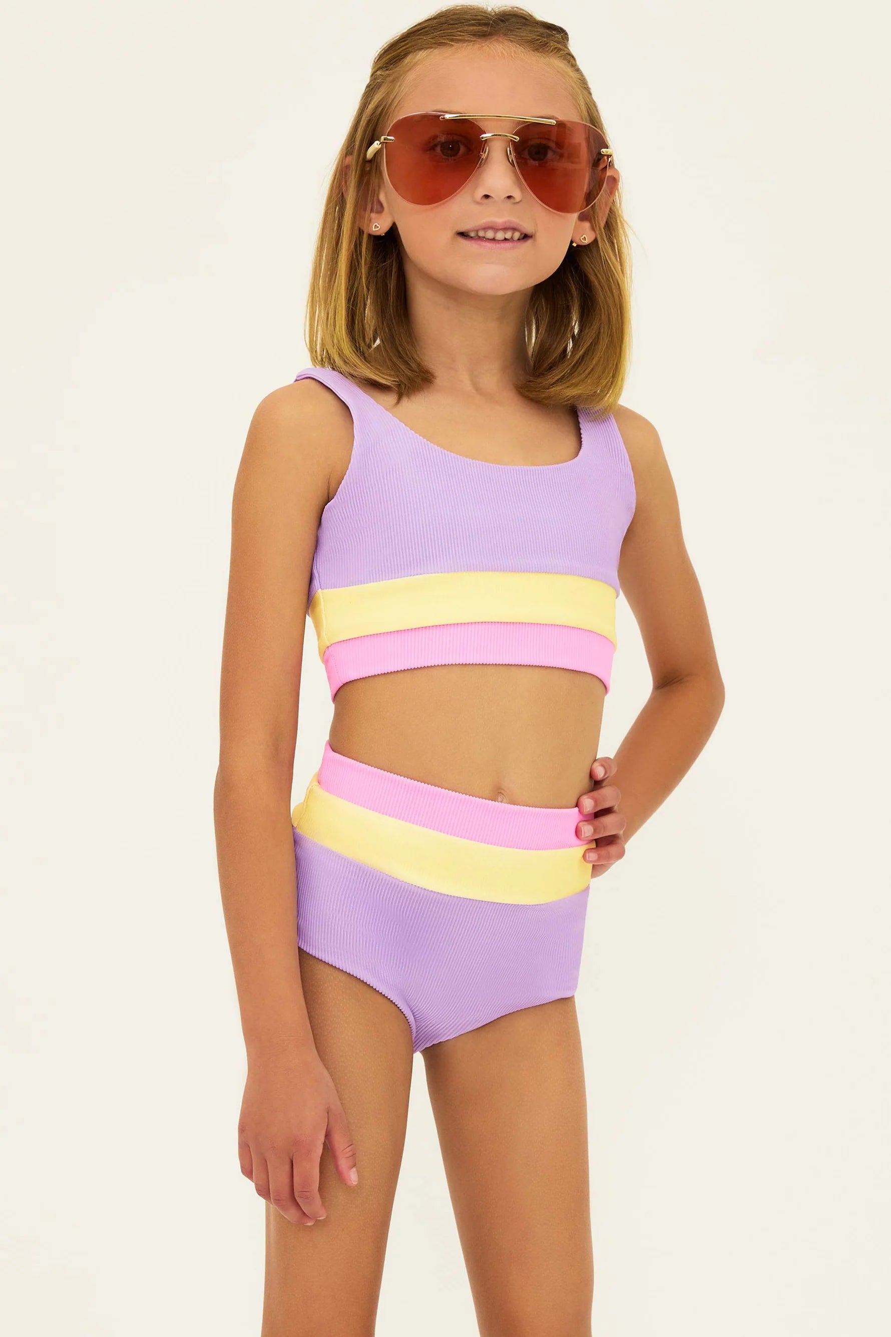 Ribbed two piece girls' set in lavender, pink, and yellow color block