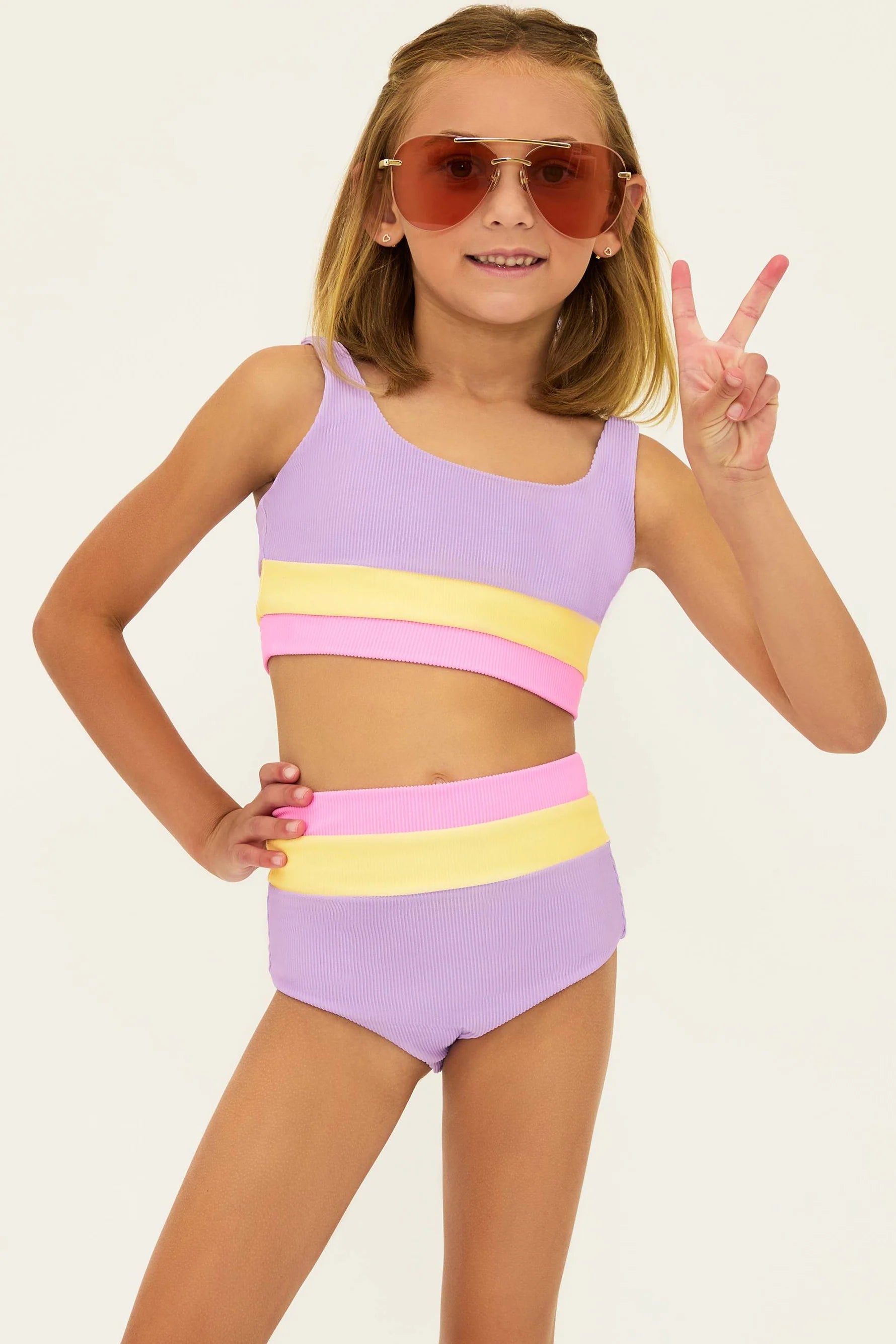 Ribbed two piece girls' set in lavender, pink, and yellow color block