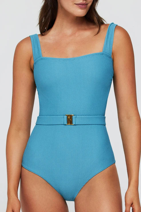 Light Blue Belted One Piece With Texture