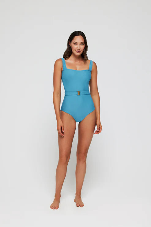 Light Blue Belted One Piece With Texture