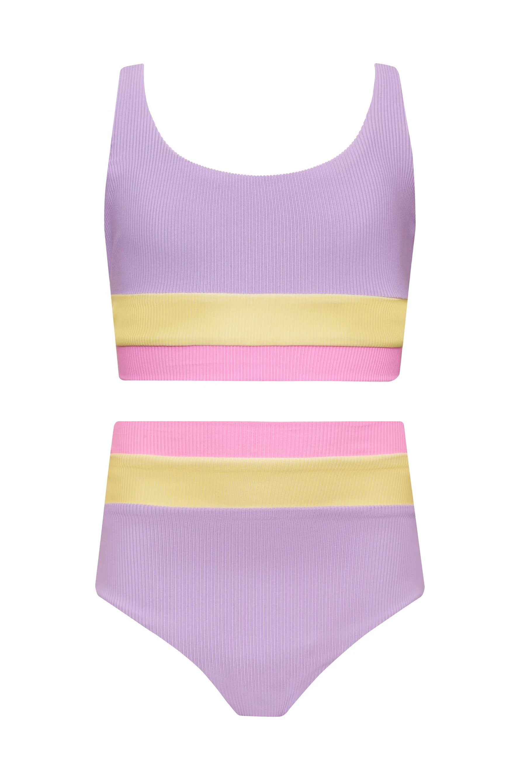 Ribbed two piece girls' set in lavender, pink, and yellow color block