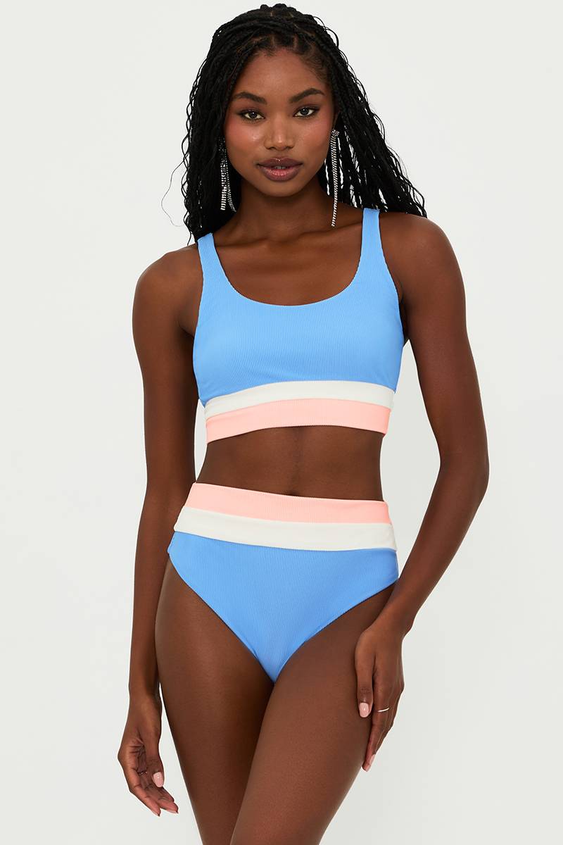 Ribbed high waist color block bottom in blue