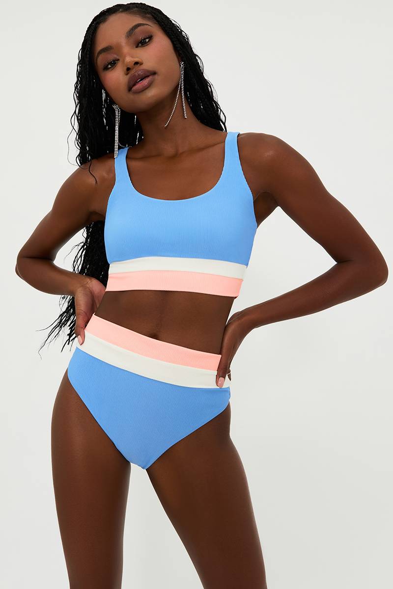 Ribbed high waist color block bottom in blue