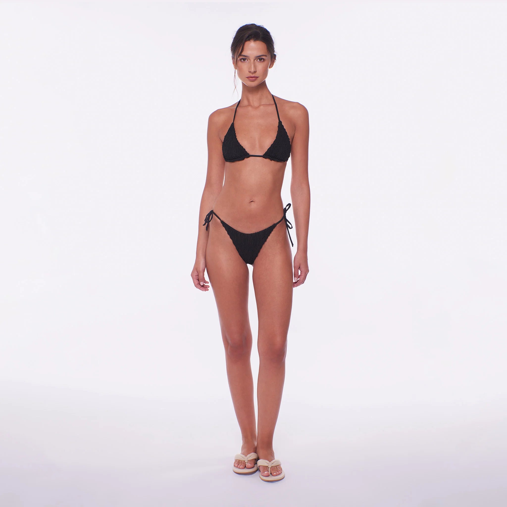 Textured triangle bikini top in black