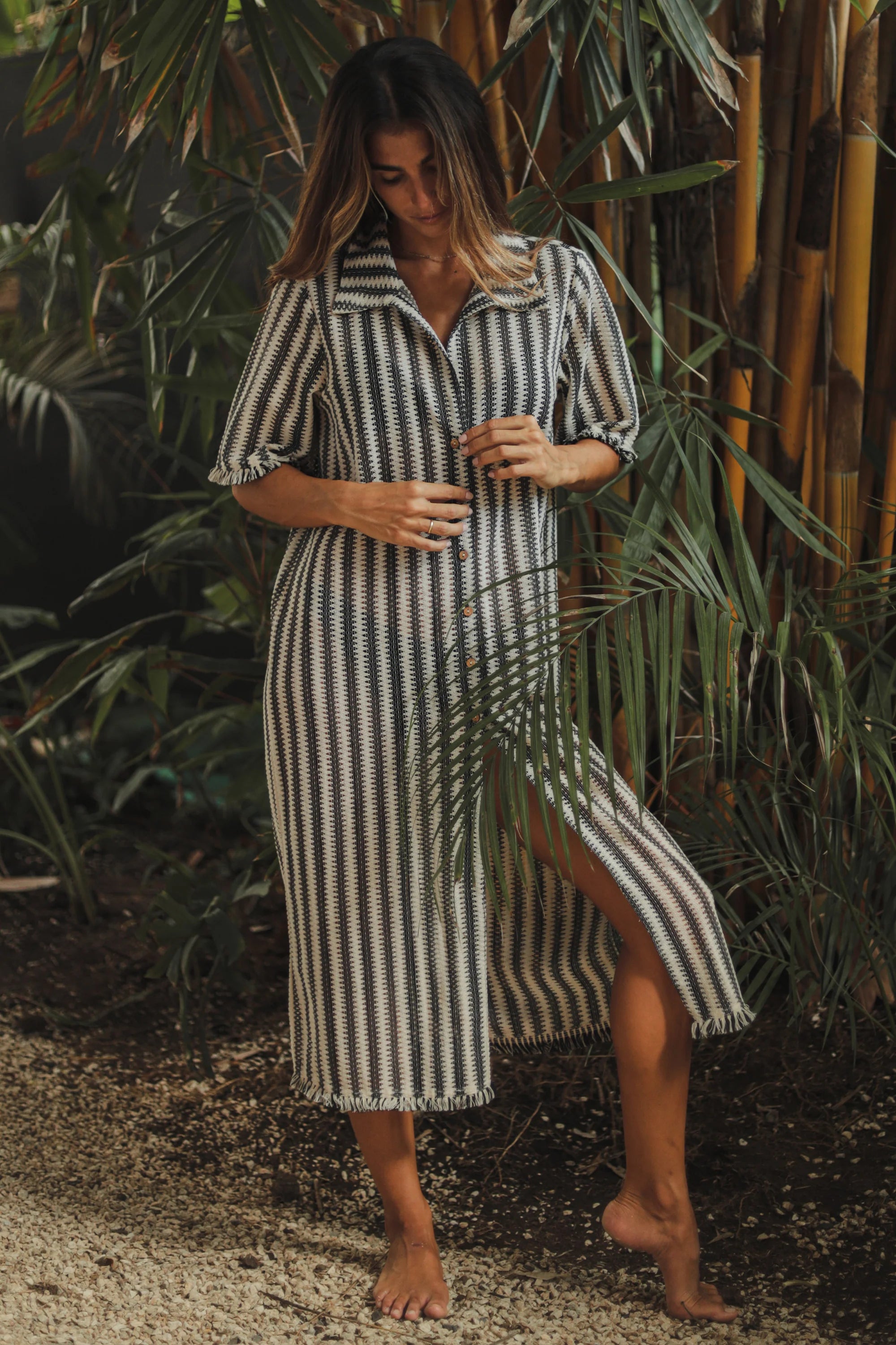 100% cotton button down collared midi dress with vertical stripes