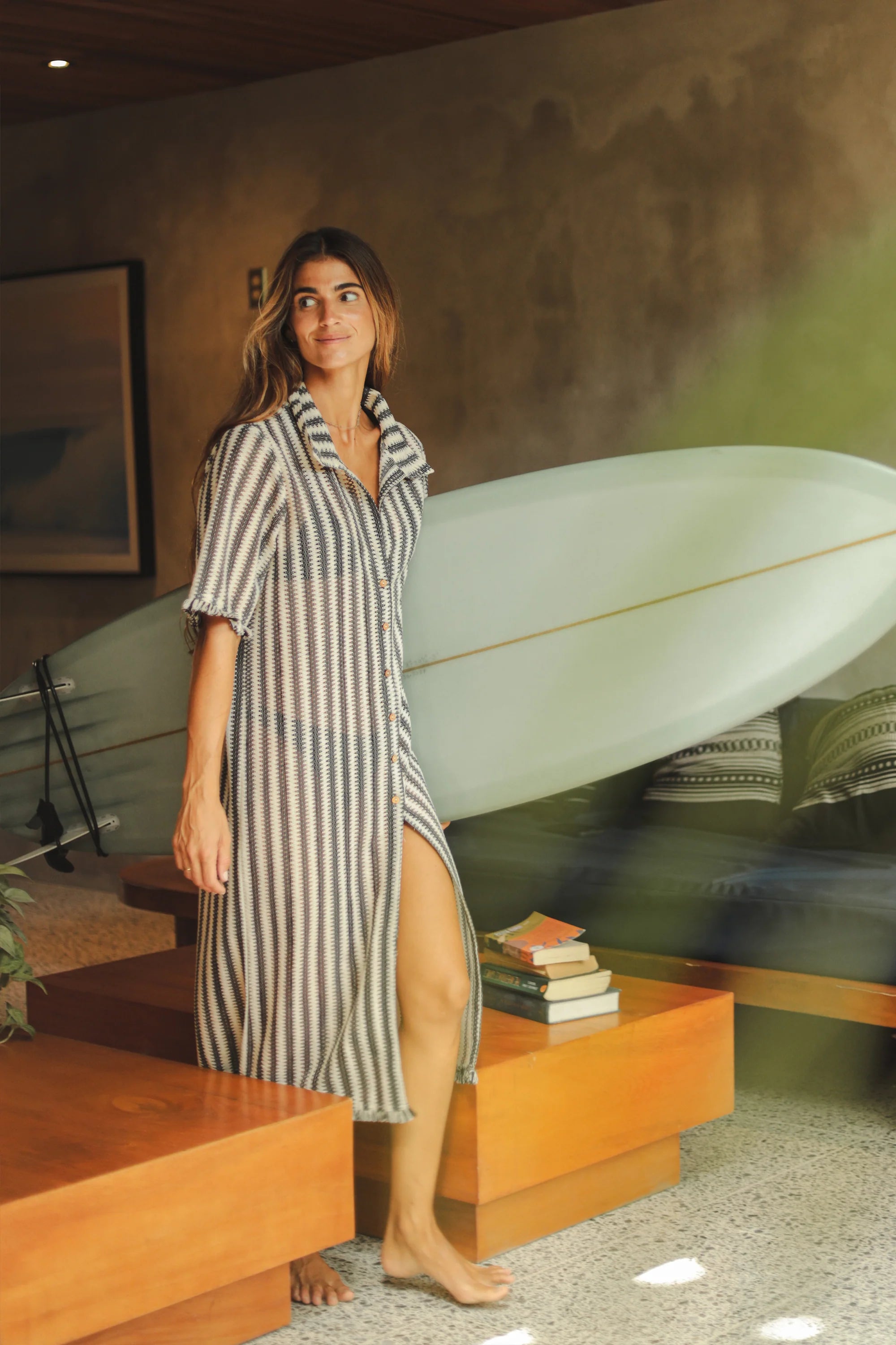 100% cotton button down collared midi dress with vertical stripes