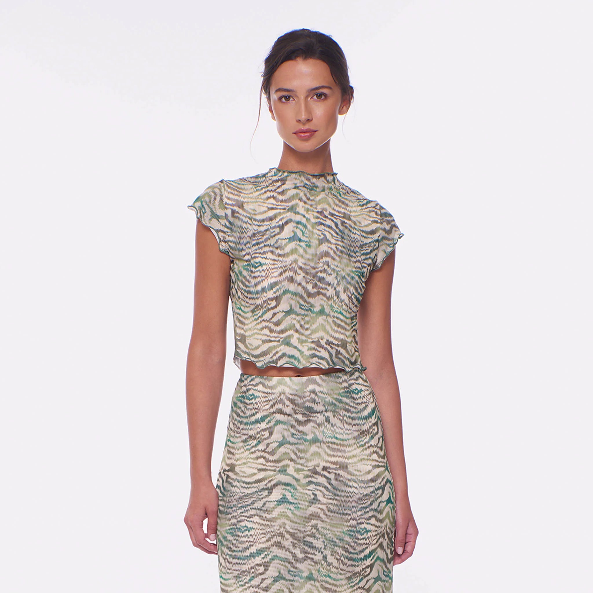 Sheer lettuce trim coverup top in colorful print