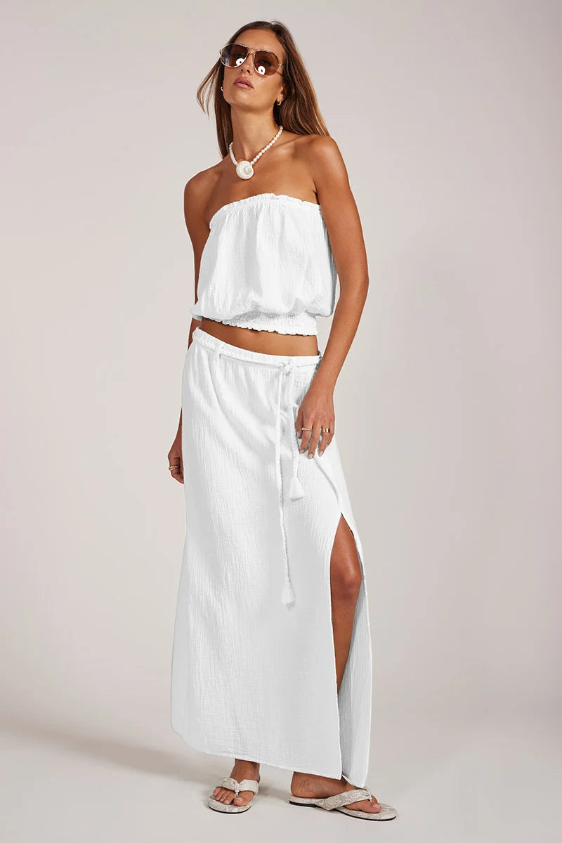 Cotton maxi skirt with belt in off white