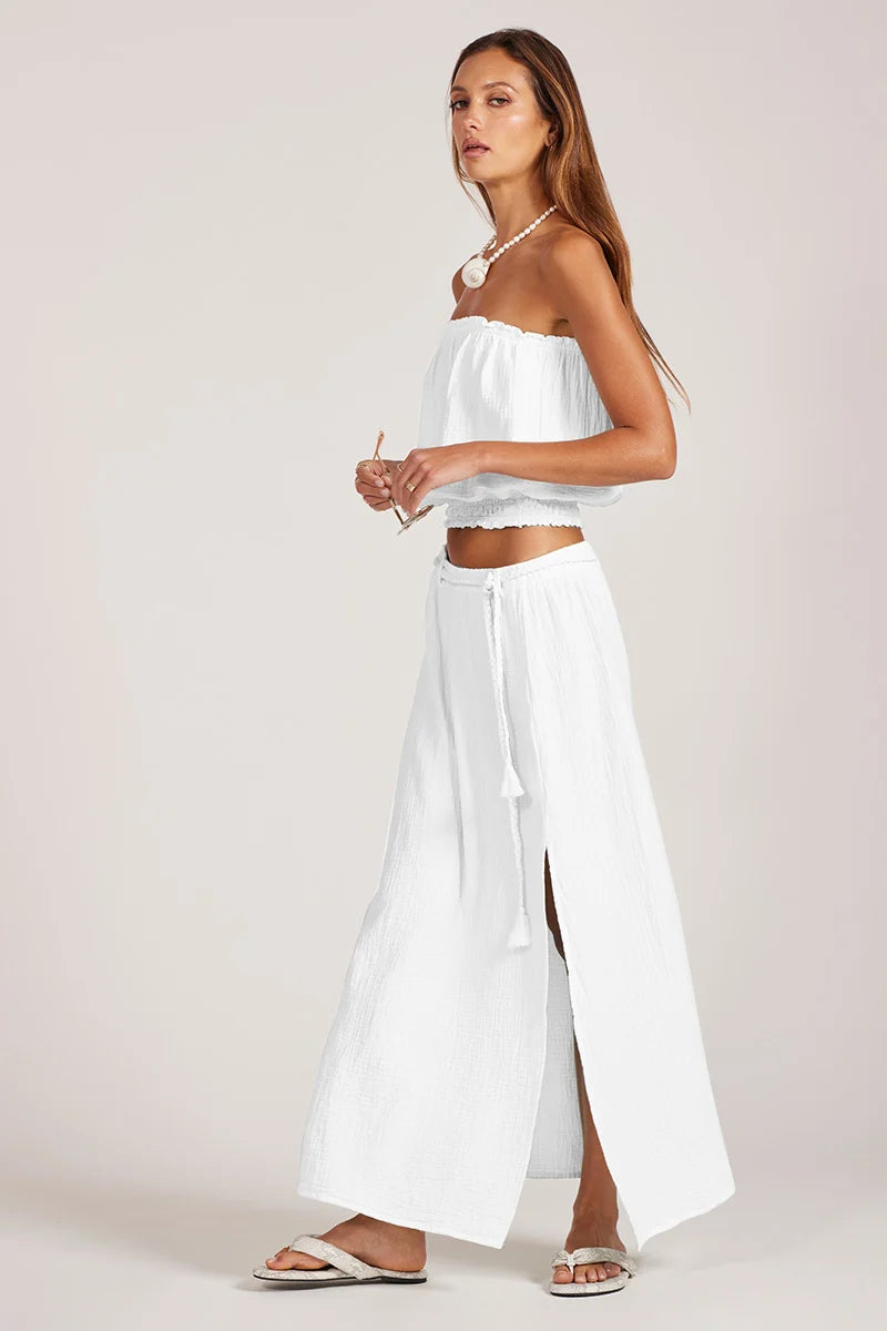 Cotton maxi skirt with belt in off white