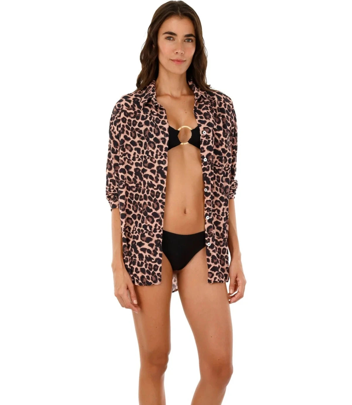 Animal Print Collared Coverup Shirt