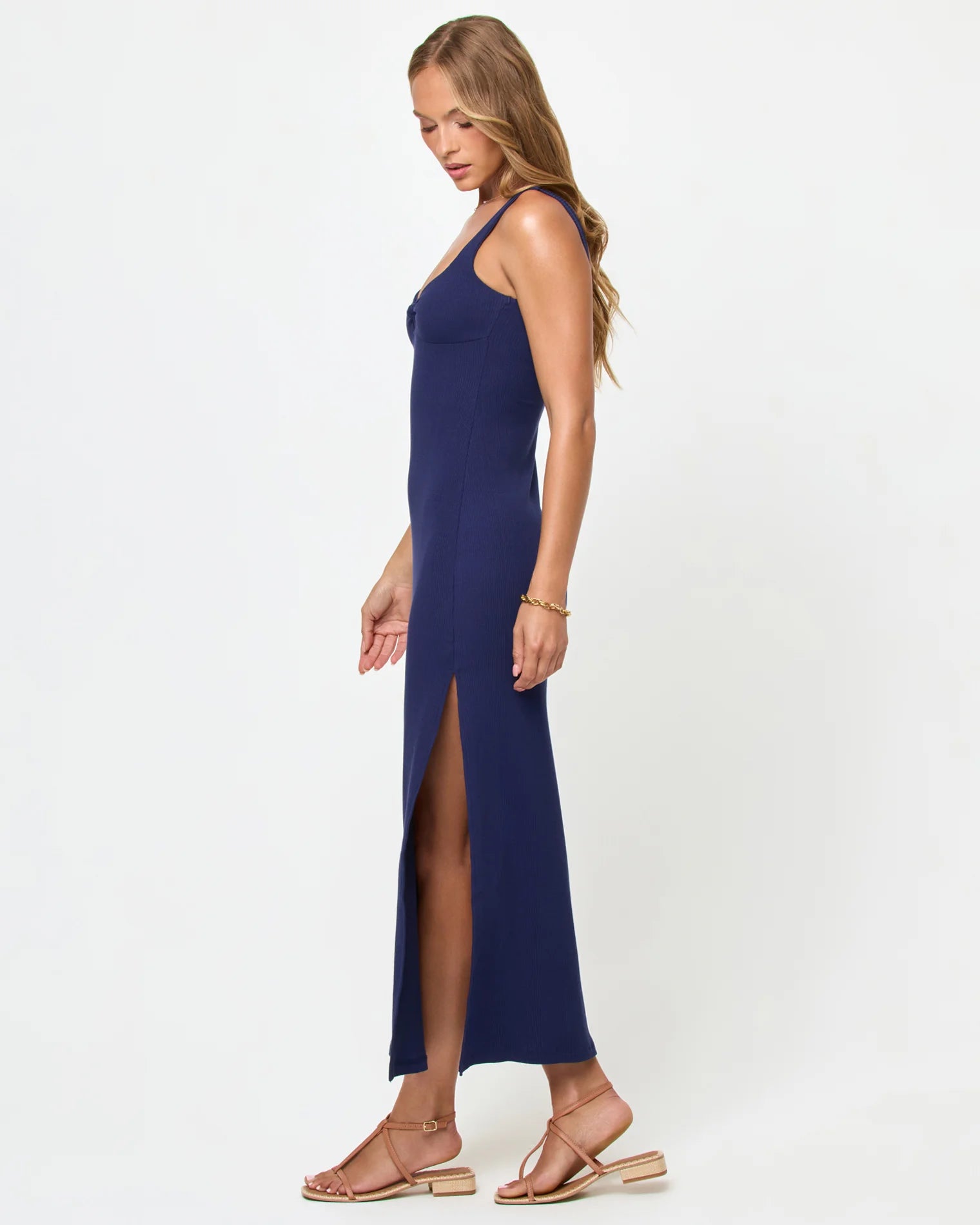 Ribbed midi dress with front knotted detail in dark blue