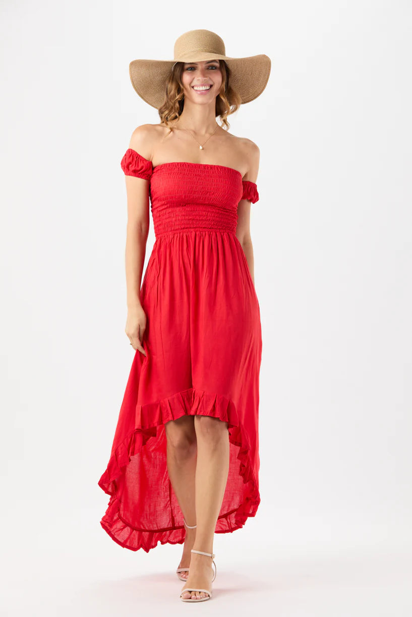 Red short sleeve smocked maxi dress