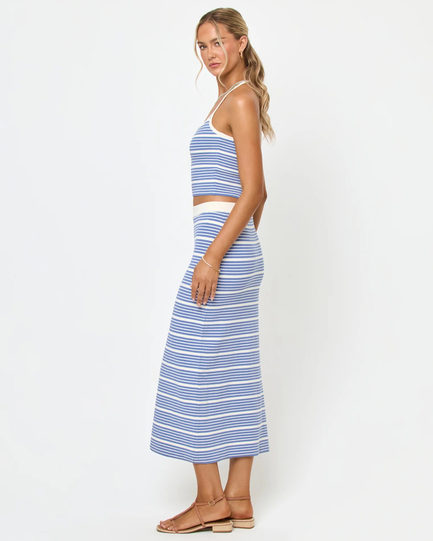Midi skirt with elastic waistband in light blue and white stripes