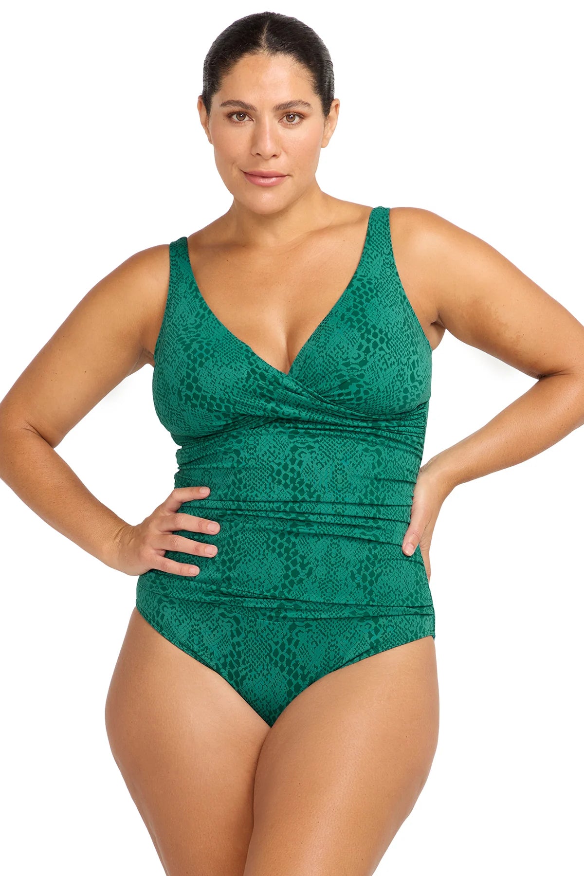 Green snake print plus size one piece with soft cup support