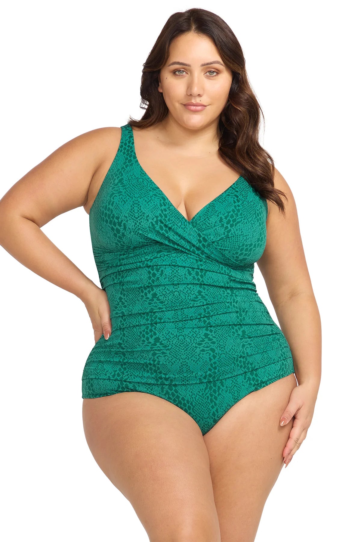 Green snake print plus size one piece with soft cup support
