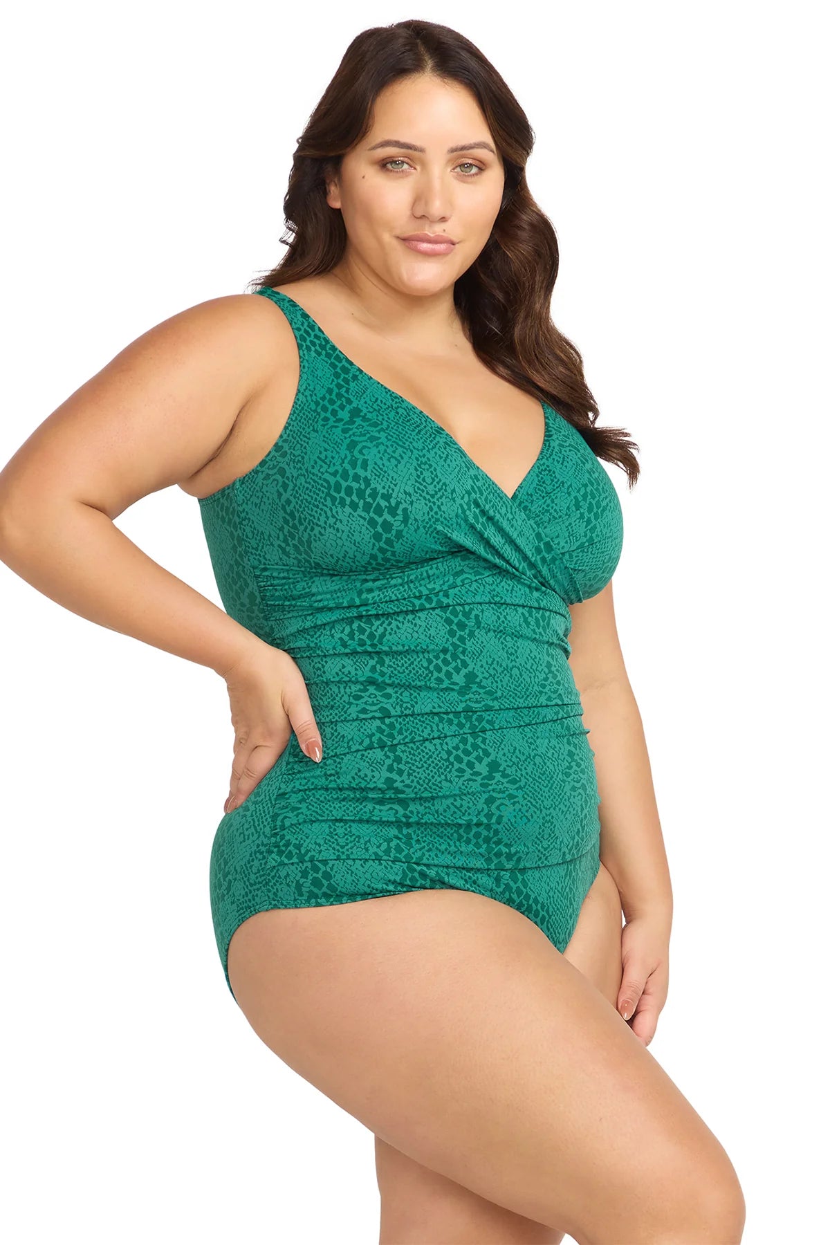Green snake print plus size one piece with soft cup support
