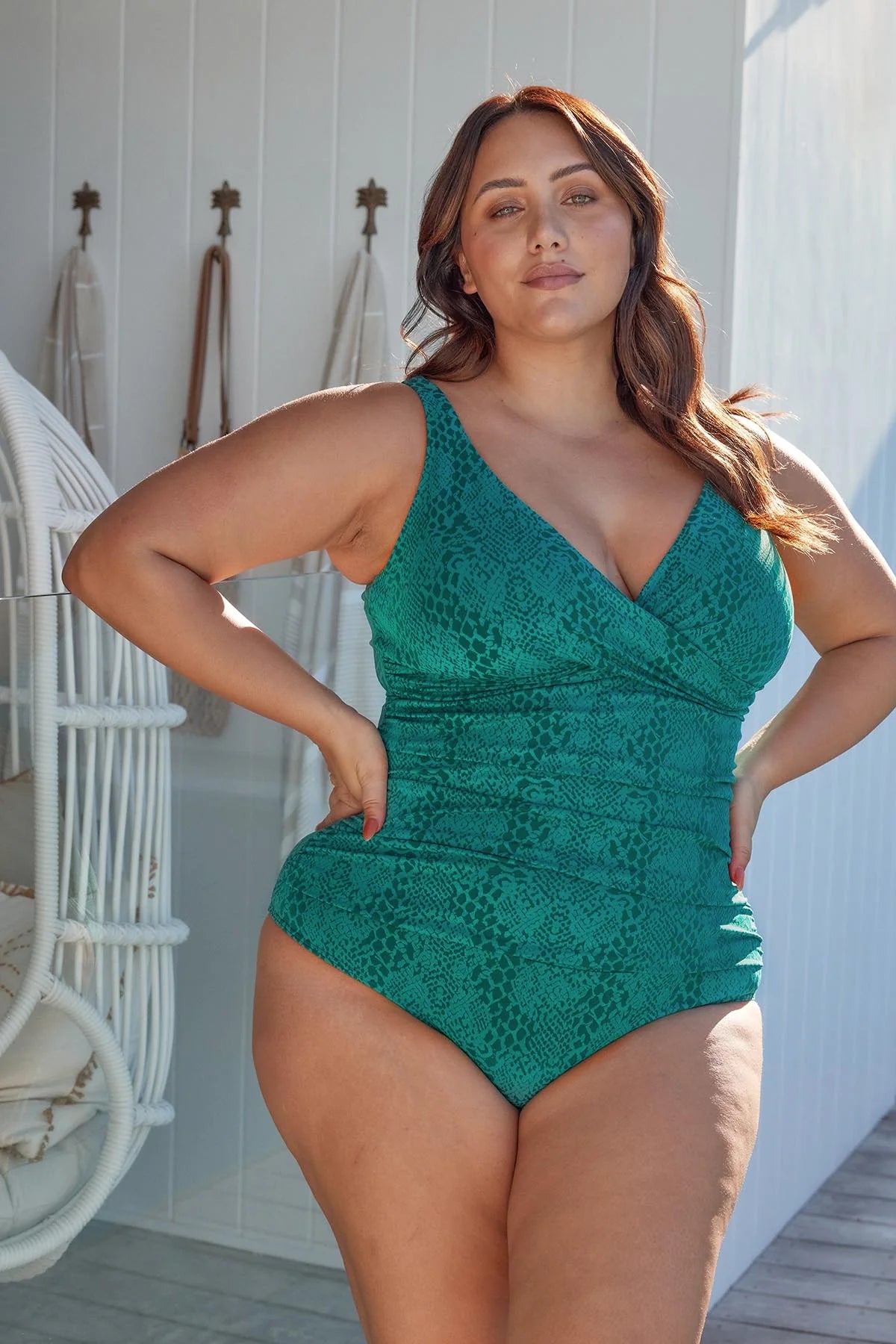 Green snake print plus size one piece with soft cup support