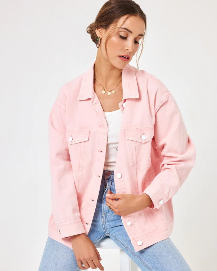 Pink long denim sales jacket