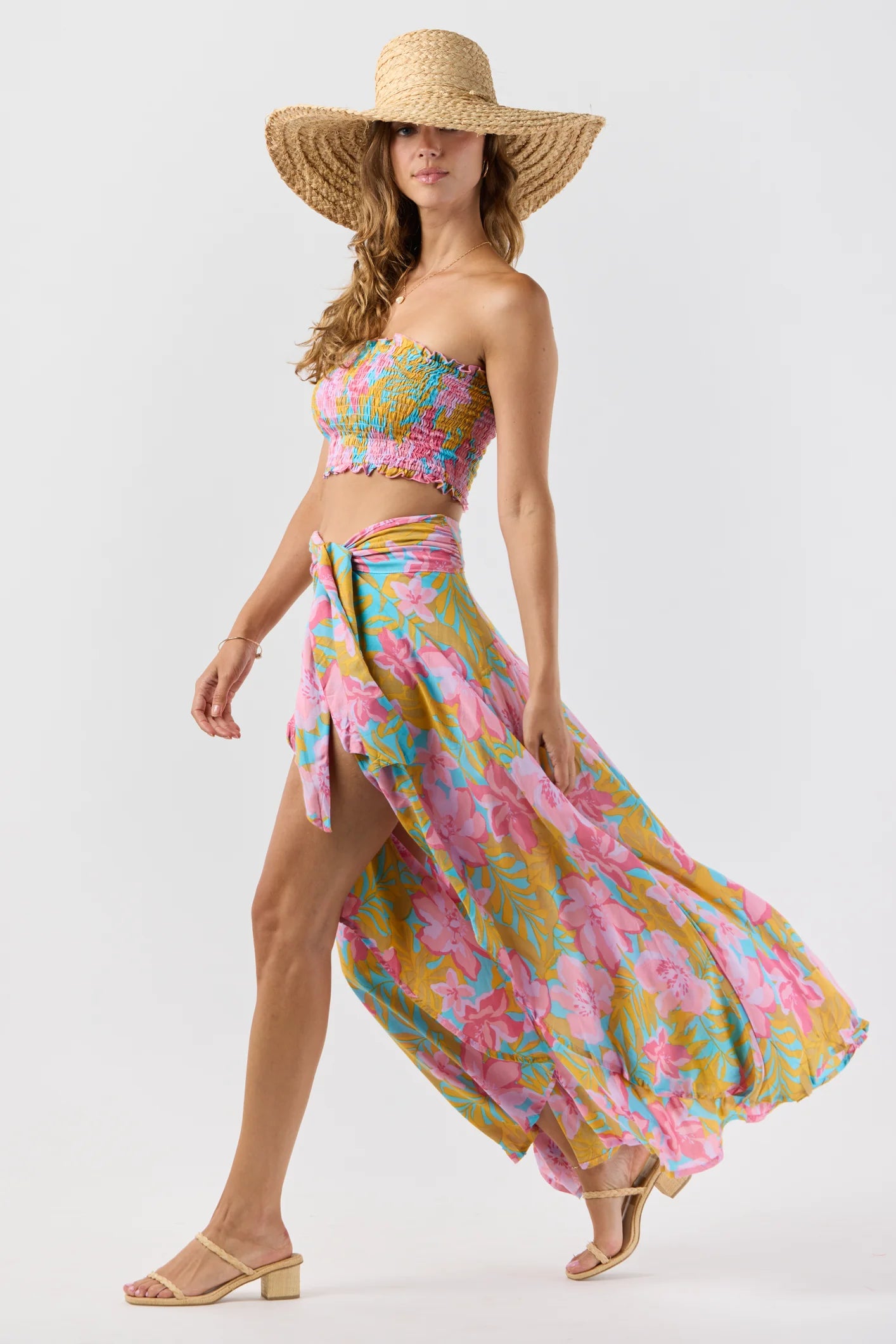 One size wrap skirt with a bright multicolor floral print