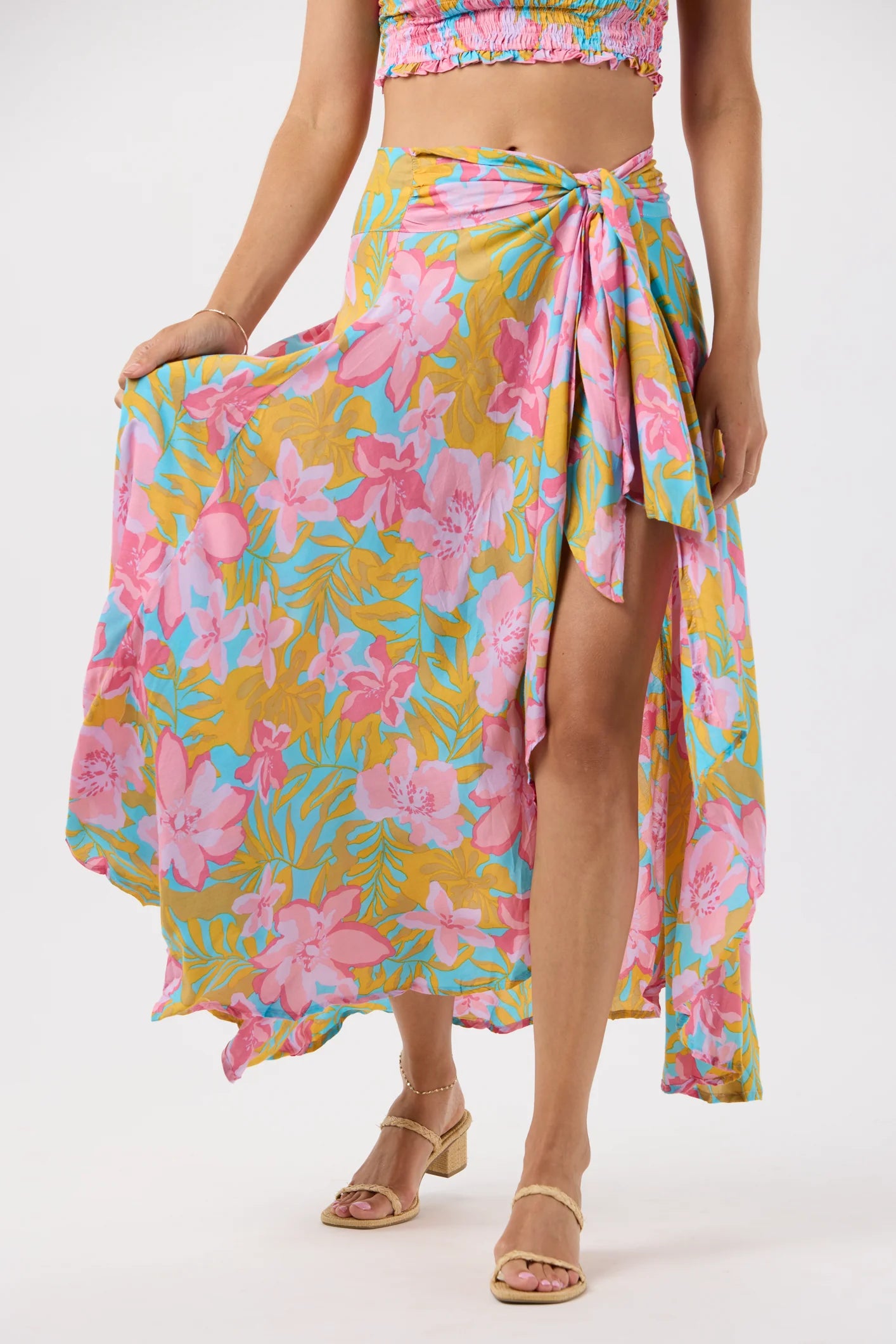 One size wrap skirt with a bright multicolor floral print