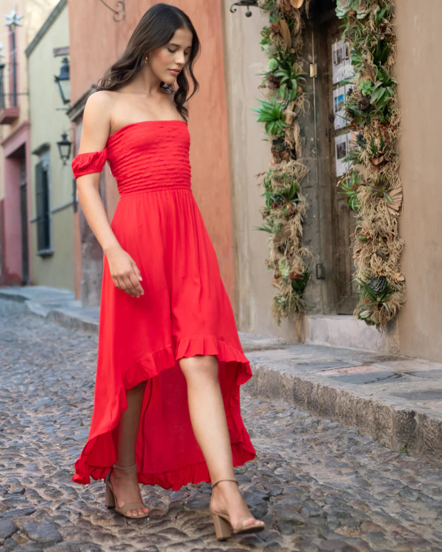 Red short sleeve smocked maxi dress