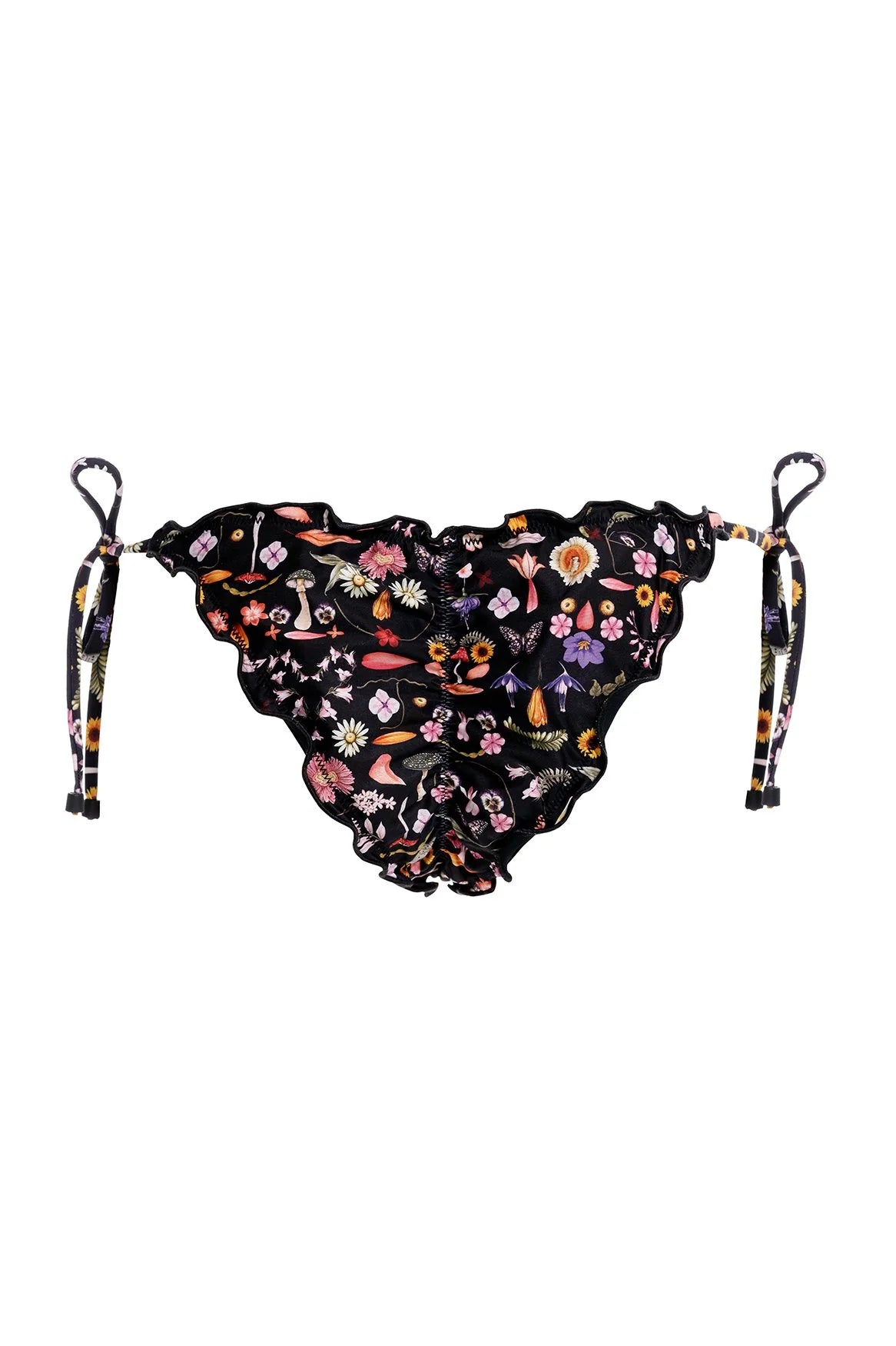Tie side bottom with ruffled edges in black with floral print