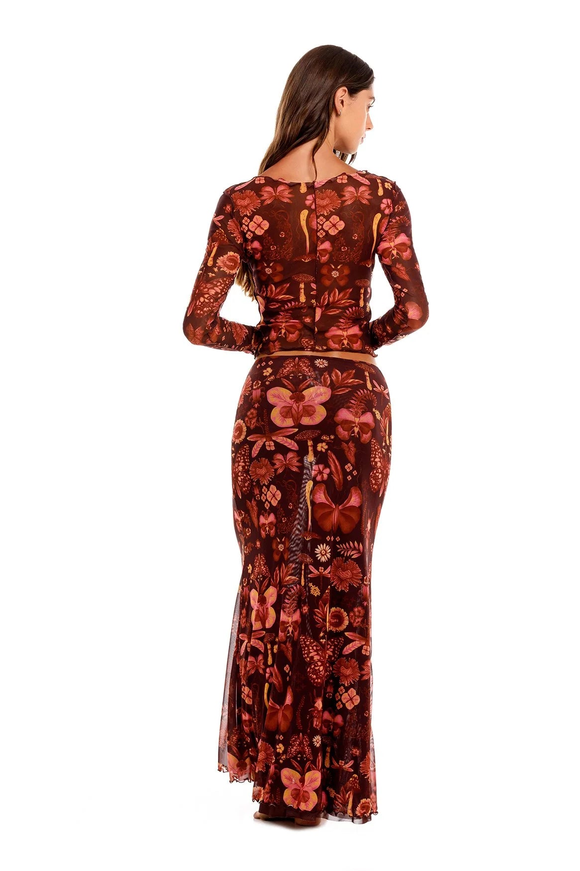 Mesh maxi skirt in floral print.