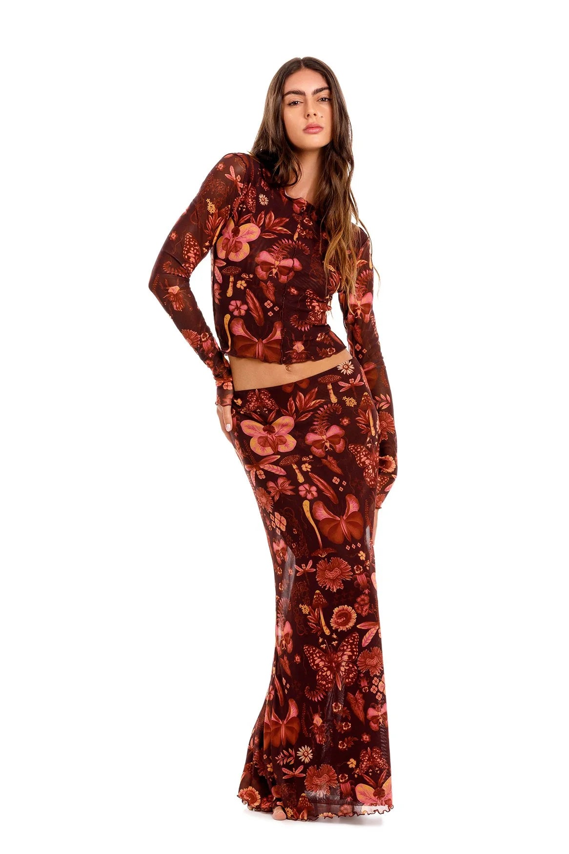 Mesh maxi skirt in floral print.