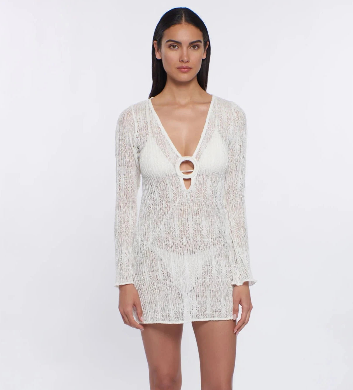 Long sleeve plunging sheer tunic in ivory