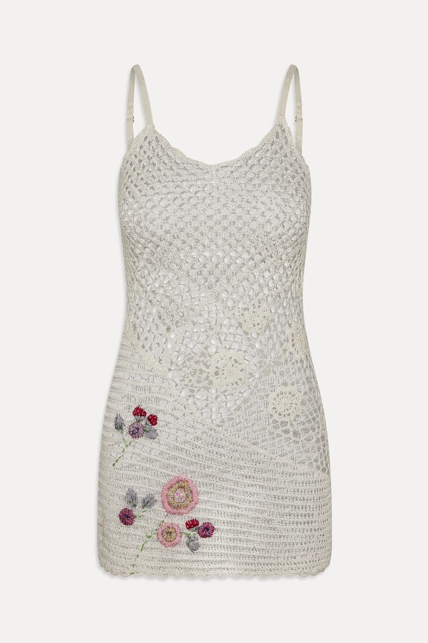 Short crochet mini dress with embroidered flowers