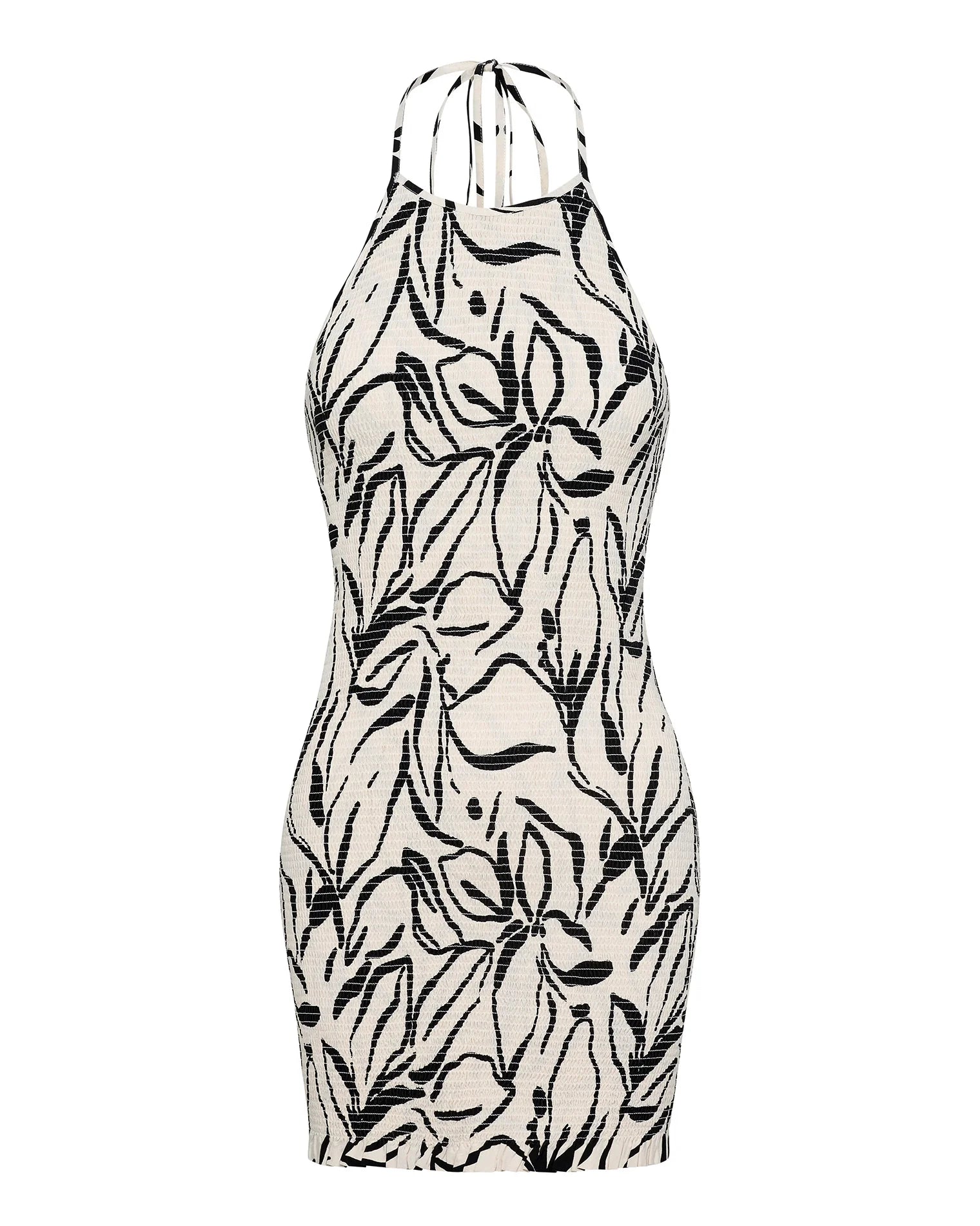 Smocked mini dress in off white with black print