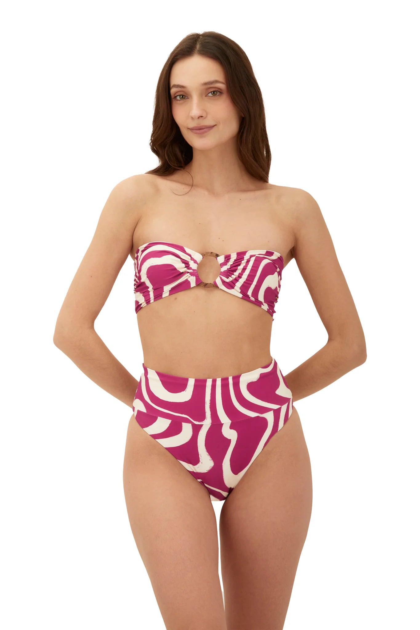 High waist bottom with medium coverage in the back in a raspberry red and white swirl print
