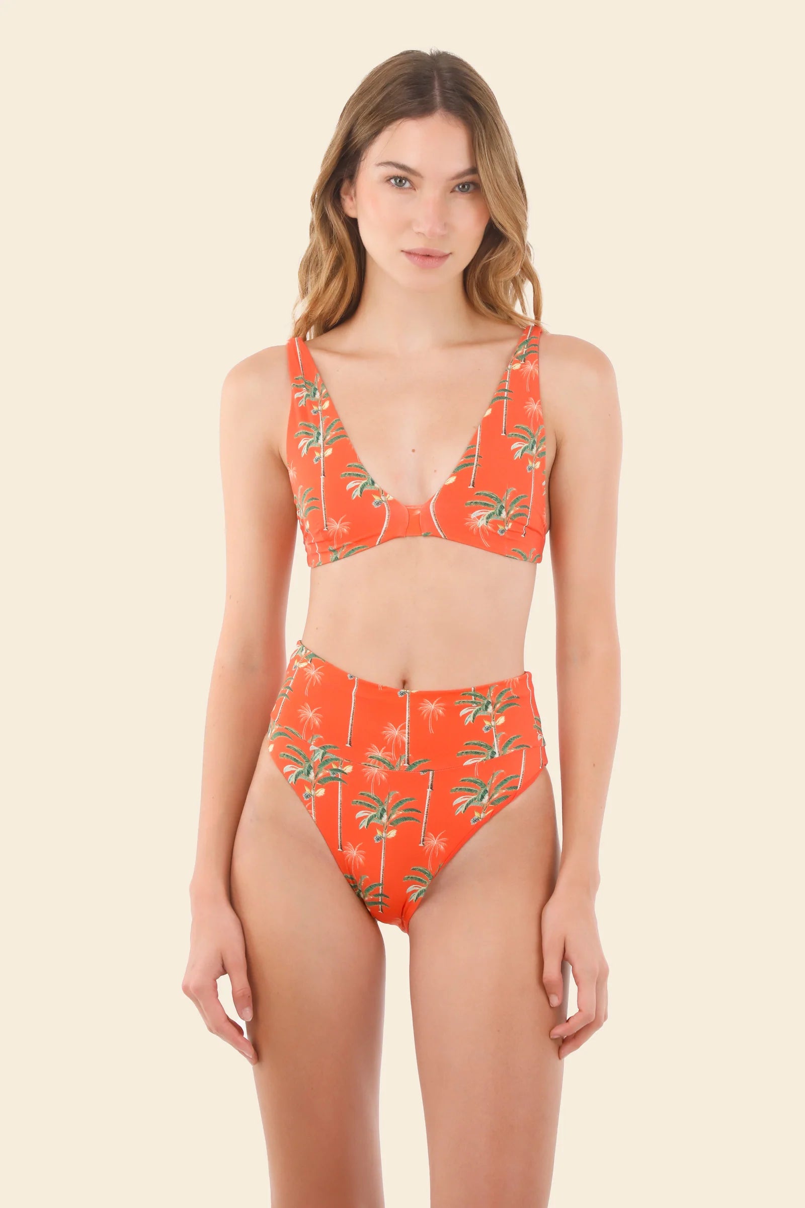 High waist sporty bikini bottoms in orange with palm print