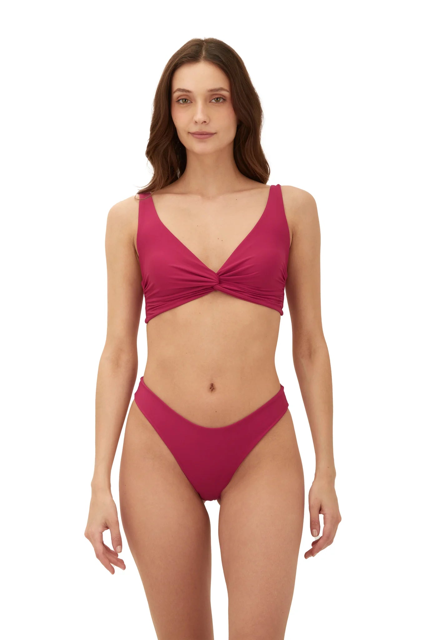 Raspberry red bottom with a mid rise fit and medium coverage