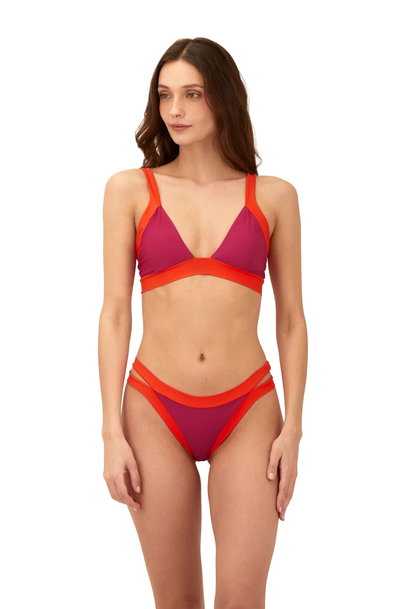 Color block bottom with strappy sides in purple and orange
