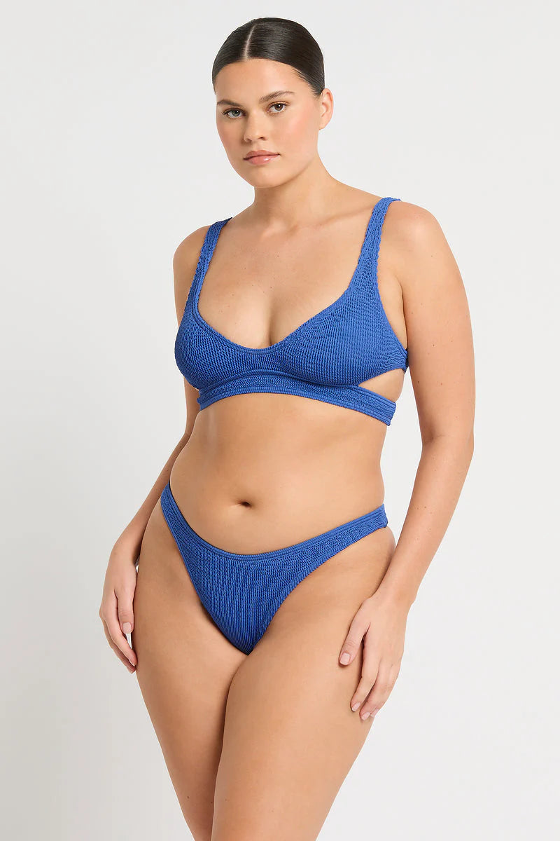 One size blue bottom with modest coverage in textured crinkle fabric