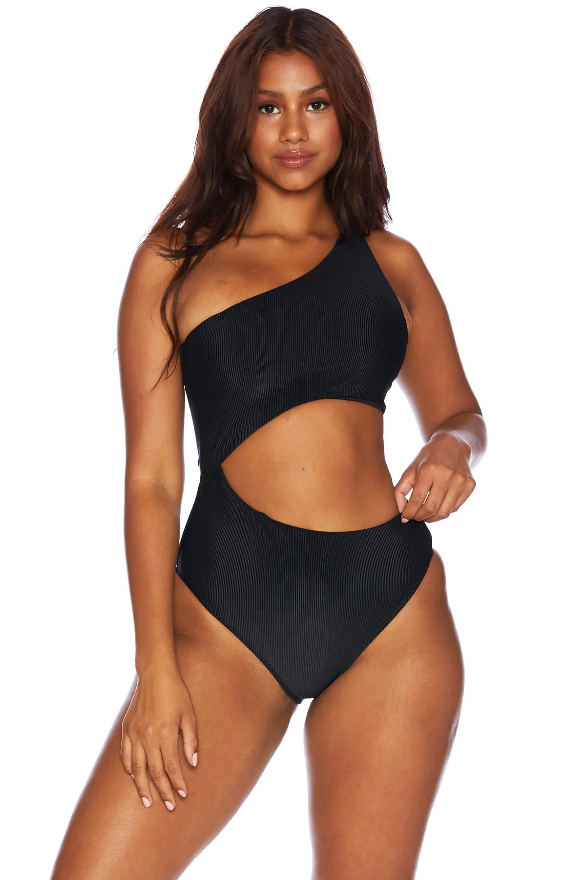 Black Ribbed Asymmetrical One Shoulder One Piece