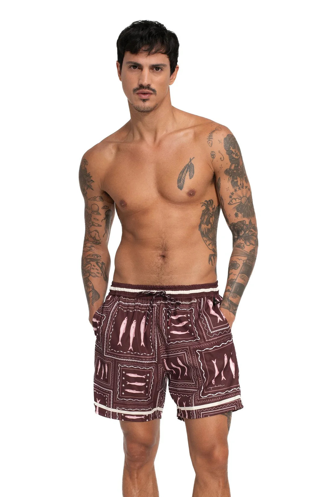 Men's swim trunks in brown and white print