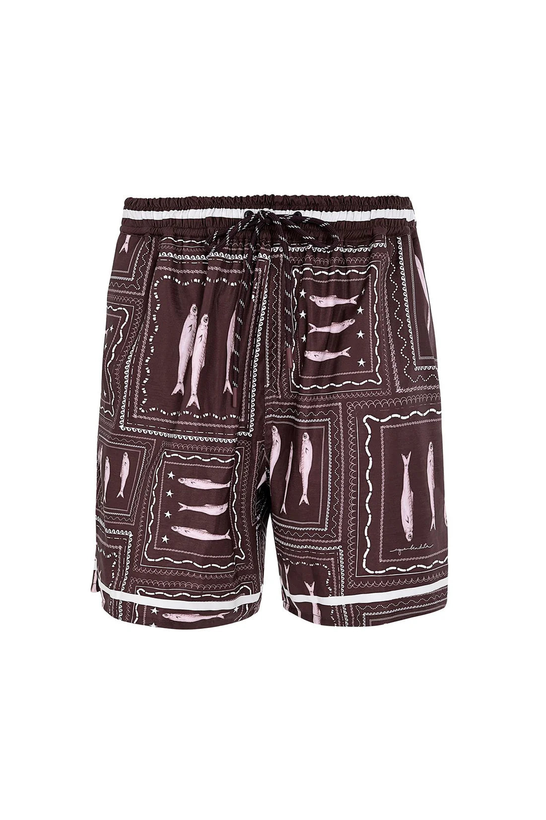 Men's swim trunks in brown and white print