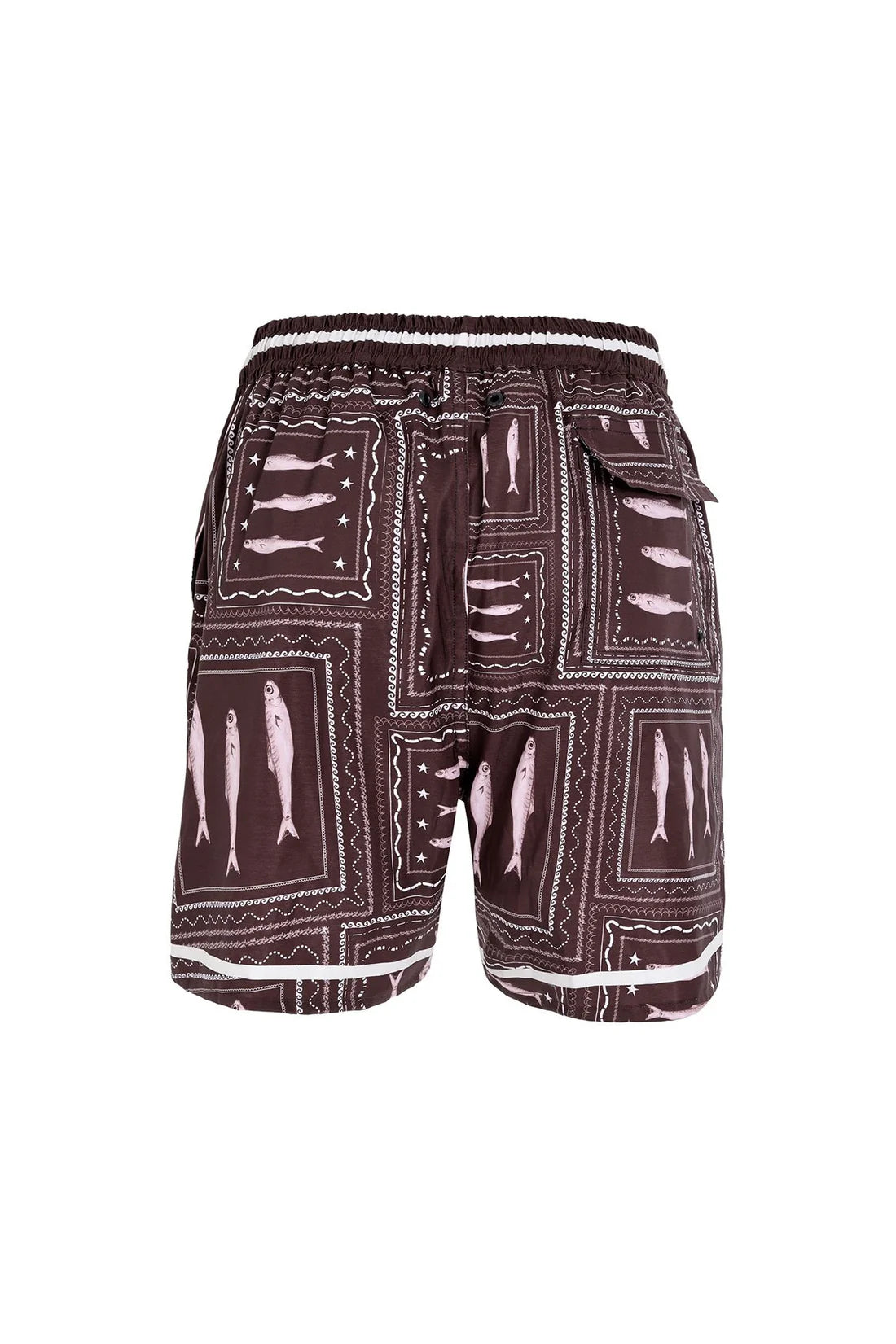 Men's swim trunks in brown and white print