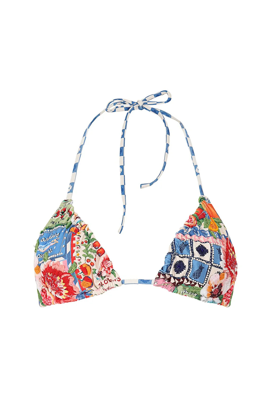 Colorful floral print triangle top with hand beading