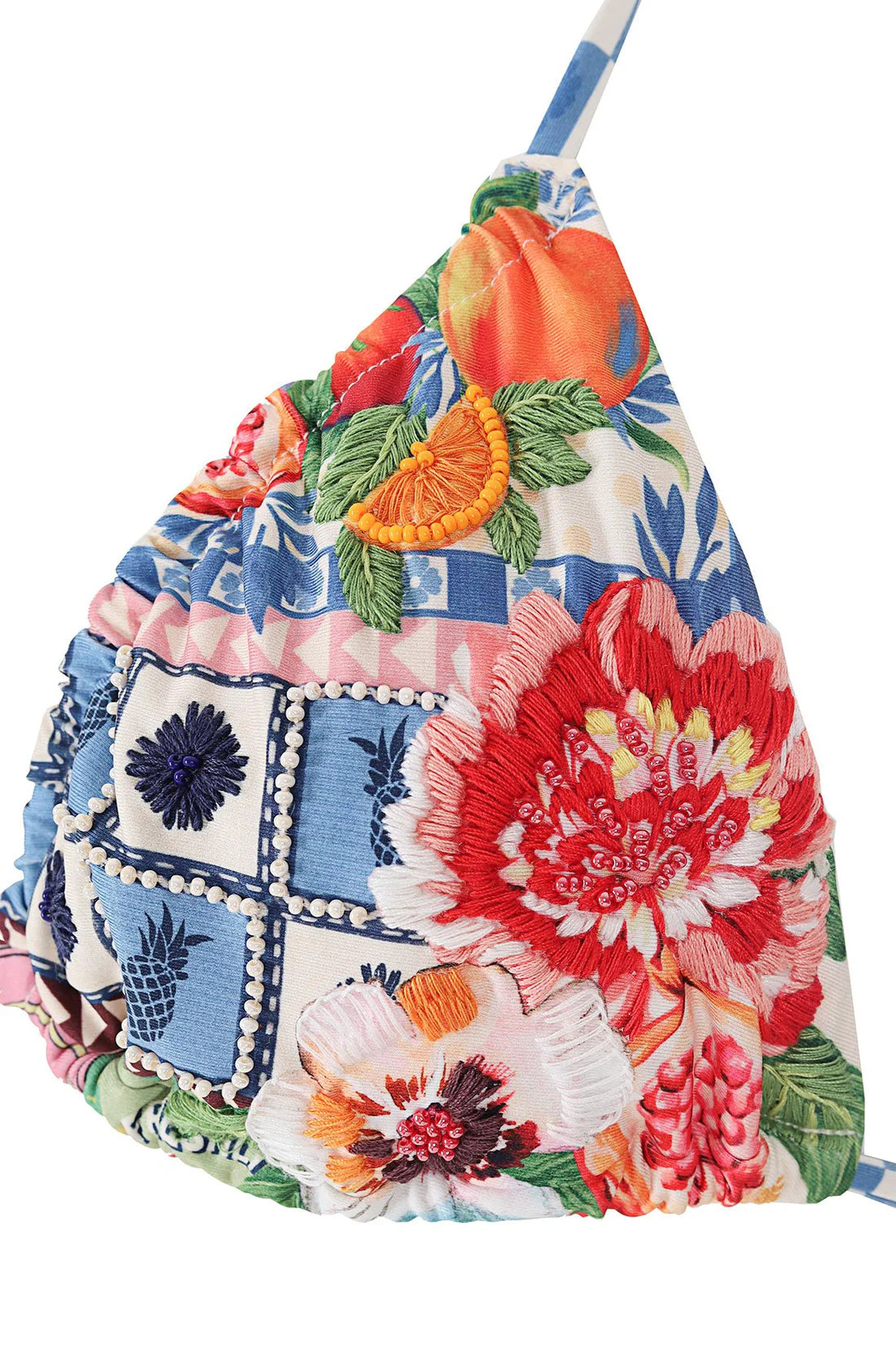 Colorful floral print triangle top with hand beading